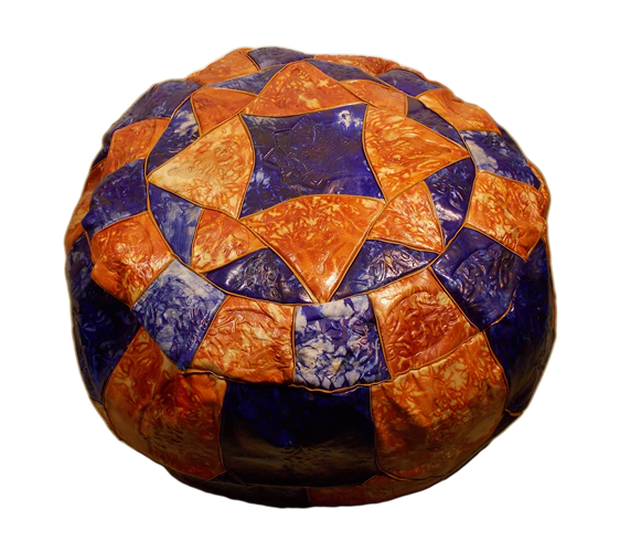 Moroccan Stamped Orange and Dark Blue Leather Pouf Ottoman